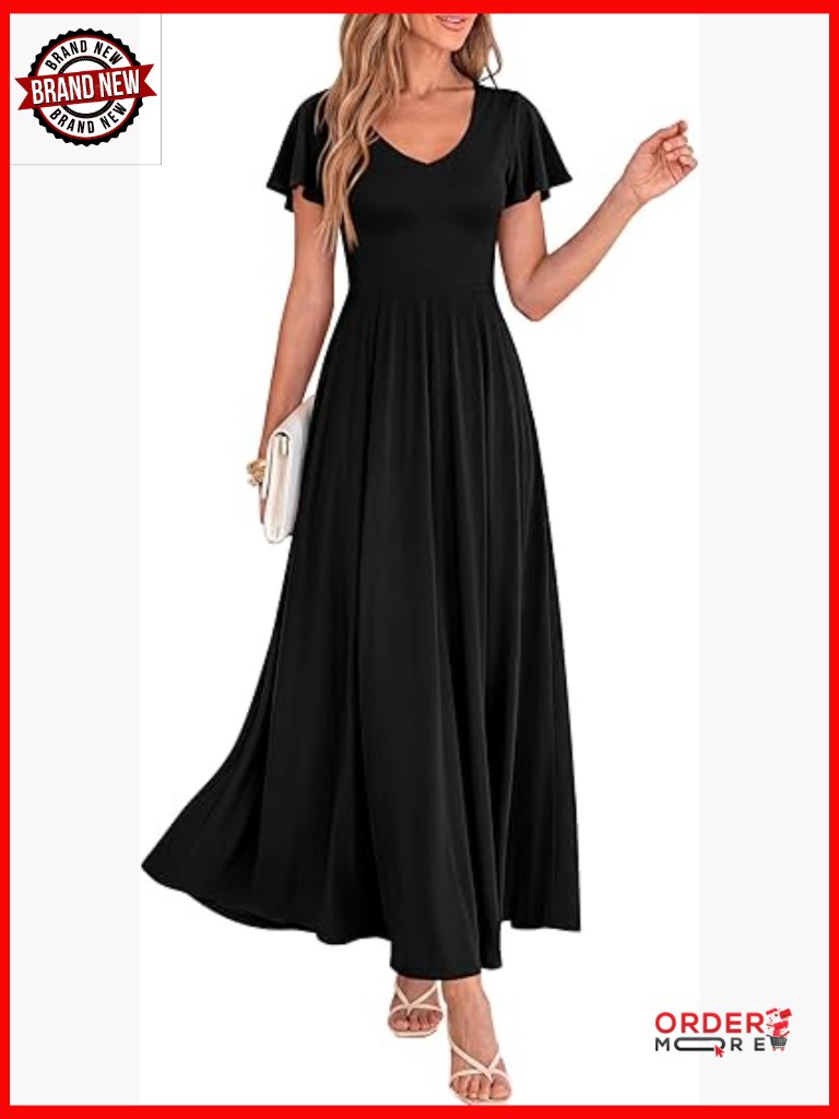V Neck Ruffle Sleeve A Line Maxi Dress Formal Elegant Cocktail